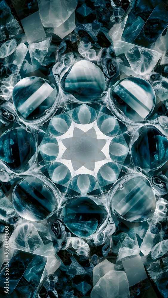 Intricate pattern of blue gemstones arranged symmetrically on a reflective surface with a geometric design under soft light Intricate pattern of blue gemstones arranged symmetrically on a reflective surface with a geometric design under soft light