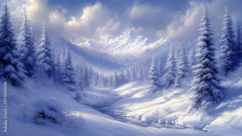 Snow-covered pine tree in serene winter mountain landscape