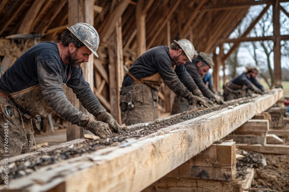Craftsmen working diligently on a wooden beam in a rustic workshop, showcasing teamwork and traditional carpentry skills. Craftsmen working diligently on a wooden beam in a rustic workshop, showcasing teamwork and traditional carpentry skills.
