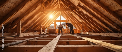 Craftsmen working on a wooden frame in a sunlit attic, showcasing construction progress and skilled labor.