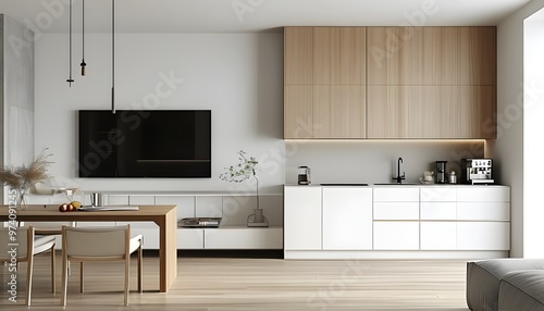 Modern minimalist apartment design featuring multifunctional spaces with TV, kitchen cabinets, dining table, bar counter, and sleek cabinetry for coffee machine. photo