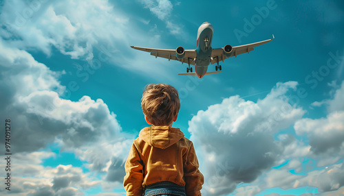 boy on the nature background looking at the sky, where a real plane is flying photo