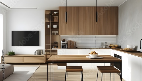 Modern minimalist apartment design featuring multifunctional spaces with TV, kitchen cabinets, dining table, bar counter, and sleek cabinetry for coffee machine. photo