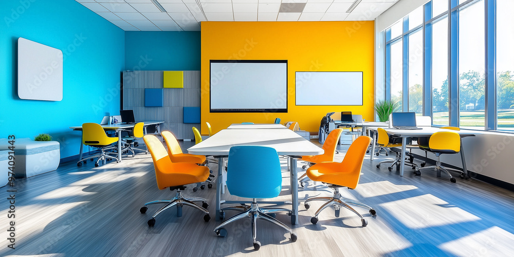 Ein helles und einladendes modernes Büro mit Schwerpunkt auf Zusammenarbeit. Der Raum verfügt über offene Arbeitsplätze, flexible Sitzordnungen und interaktive Whiteboards. Ein helles und einladendes modernes Büro mit Schwerpunkt auf Zusammenarbeit. Der Raum verfügt über offene Arbeitsplätze, flexible Sitzordnungen und interaktive Whiteboards.