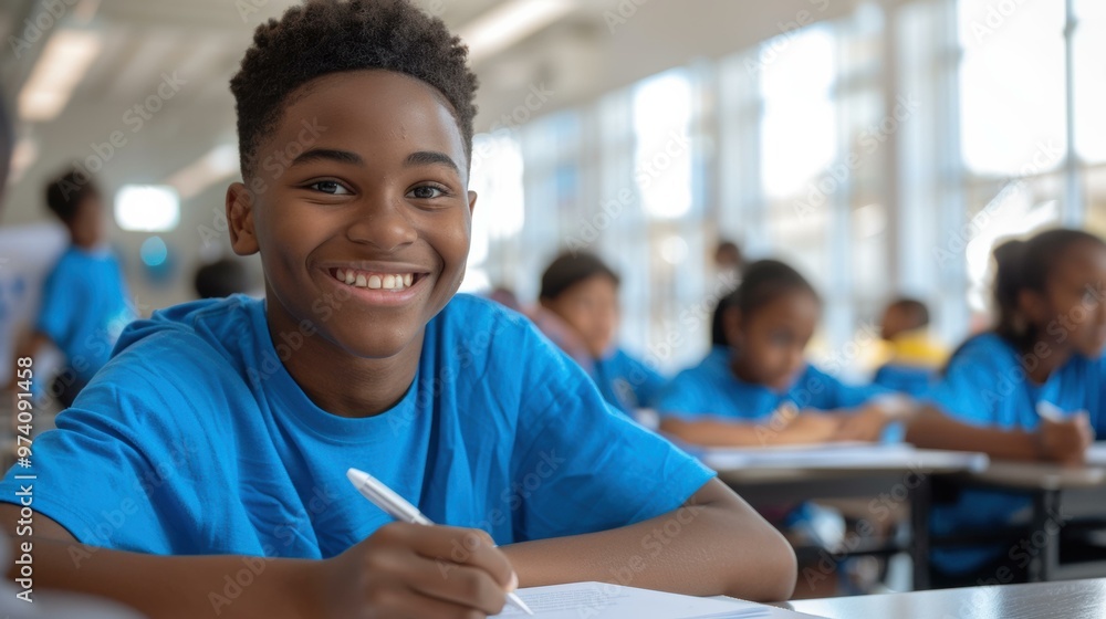 Fototapeta premium A young student smiles as he writes in his notebook. AI.