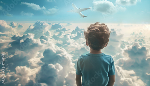 boy on the nature background looking at the sky, where a real plane is flying photo