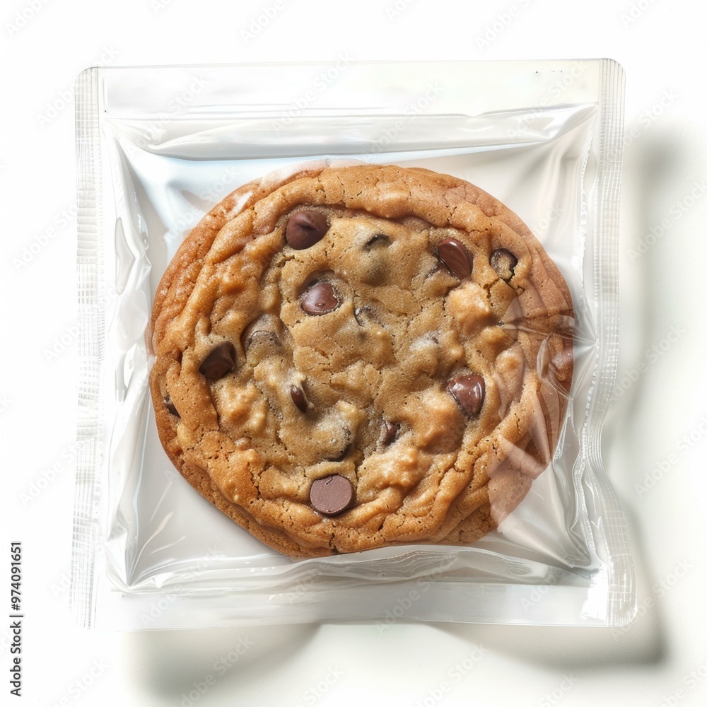 Fotografie A chocolate chip cookie in a plastic bag. AI.