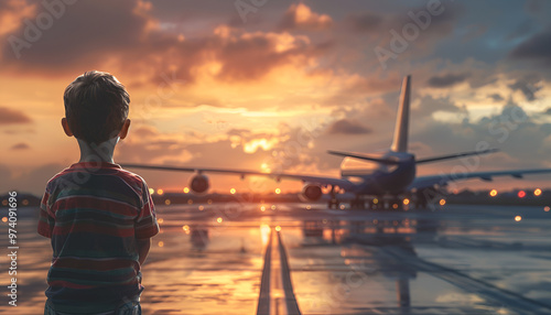 boy on the nature background looking at the sky, where a real plane is flying photo