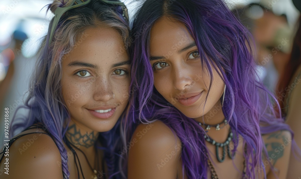 Two women with purple hair smiling at the camera. AI. Two women with purple hair smiling at the camera. AI.