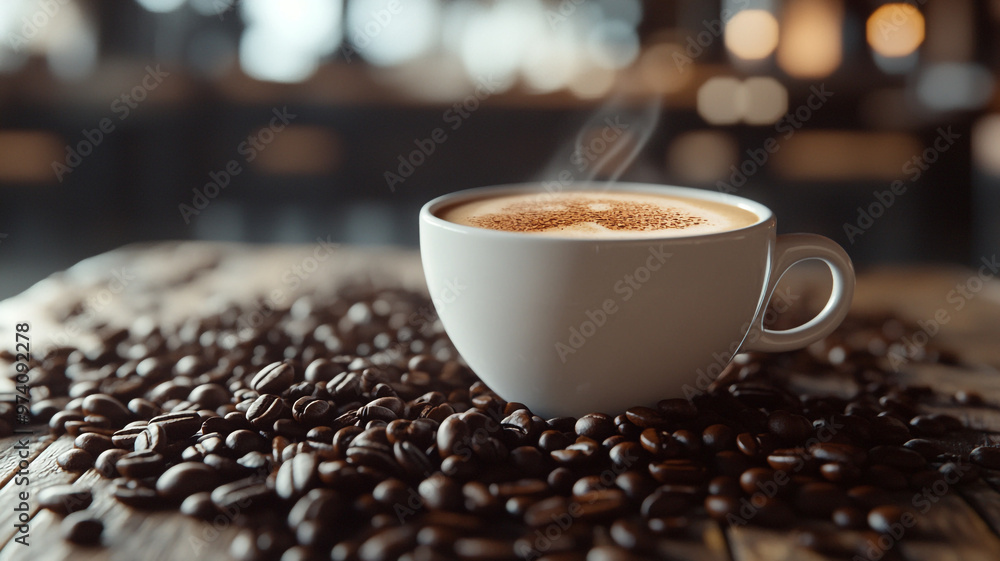 Celebrating International Coffee Day with a hot cup and roasted beans on a wooden table Celebrating International Coffee Day with a hot cup and roasted beans on a wooden table