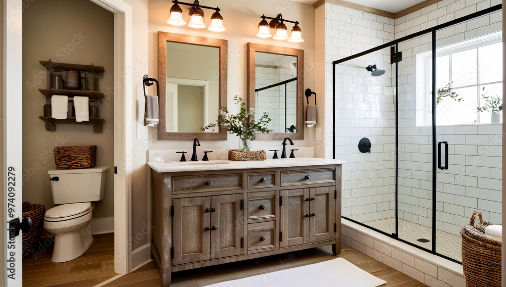 Designing a bathroom in Farmhouse Style, Bathroom model. Designing a bathroom in Farmhouse Style, Bathroom model.