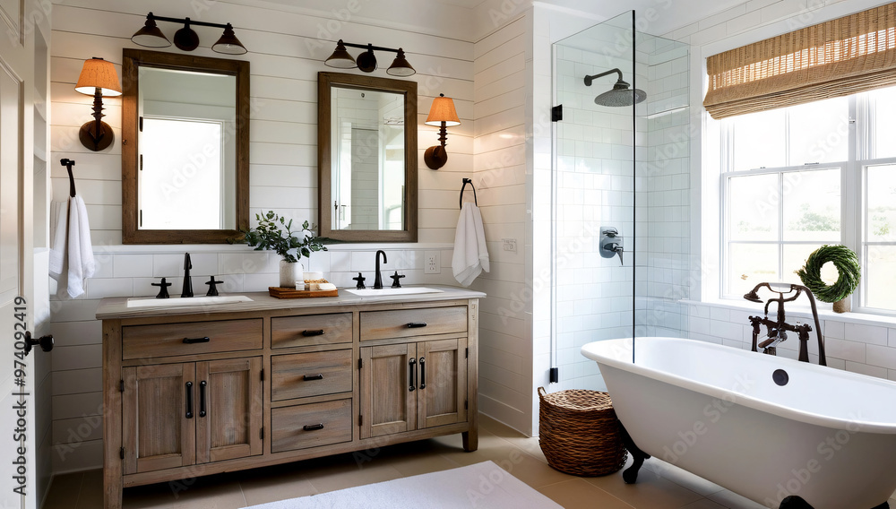 Designing a bathroom in Farmhouse Style, Bathroom model. Designing a bathroom in Farmhouse Style, Bathroom model.