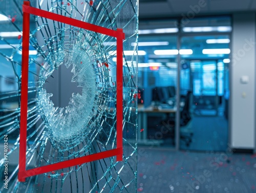 A shattered glass window with a red tape marking the broken area. AI. photo