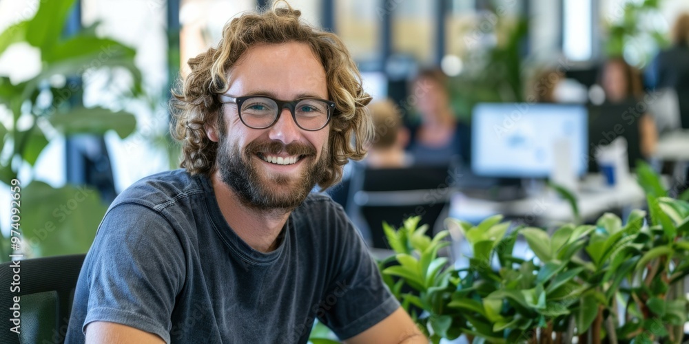 A man smiles at the camera in a modern office setting. AI. A man smiles at the camera in a modern office setting. AI.