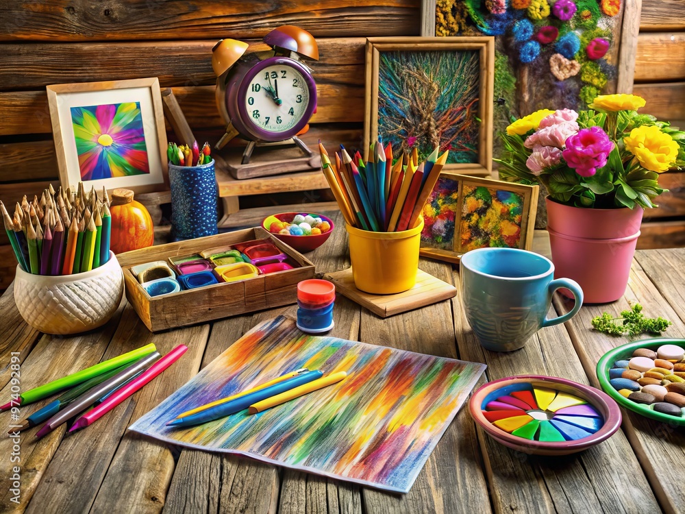 Obraz premium Colorful crayons and creative cards clutter a rustic wooden desk, surrounded by captivating canvases, curious clocks,