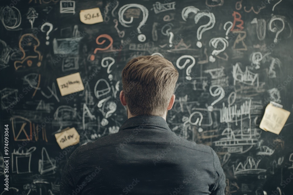 A man, puzzled, is positioned before a blackboard filled with question marks and handwritten notes, working to clarify the intricacies of his business strategy A man, puzzled, is positioned before a blackboard filled with question marks and handwritten notes, working to clarify the intricacies of his business strategy