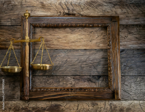  elegantly crafted wooden frame borders the scales of justice on a rustic wooden surface, with the rich textures of both the frame and the wood conveying a sense of tradition and law photo