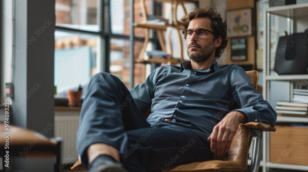 A man in a blue shirt and black pants is sitting in a chair