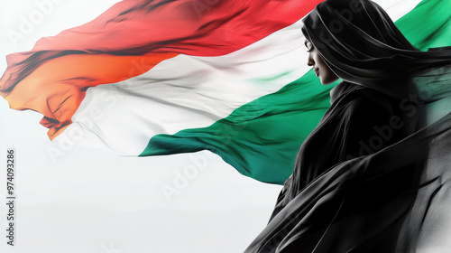 A Hijabi woman with a background waving Emirati flag representing the rise of women leadership in UAE