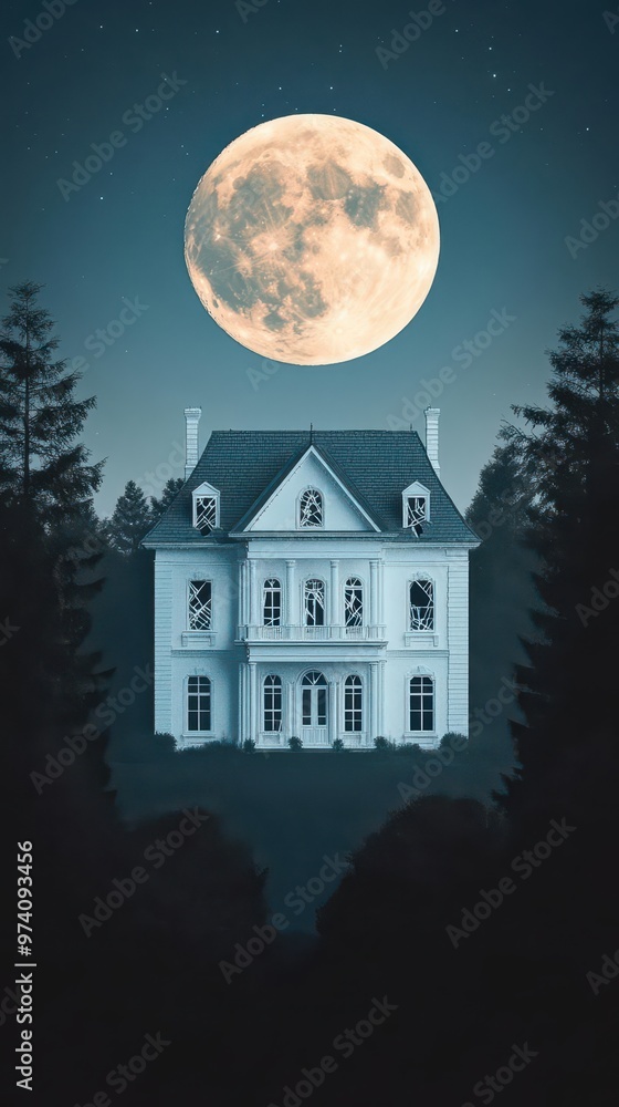 A haunted mansion surrounded by trees, with the full moon shining through broken windows, haunted mansion, broken windows, full moon A haunted mansion surrounded by trees, with the full moon shining through broken windows, haunted mansion, broken windows, full moon