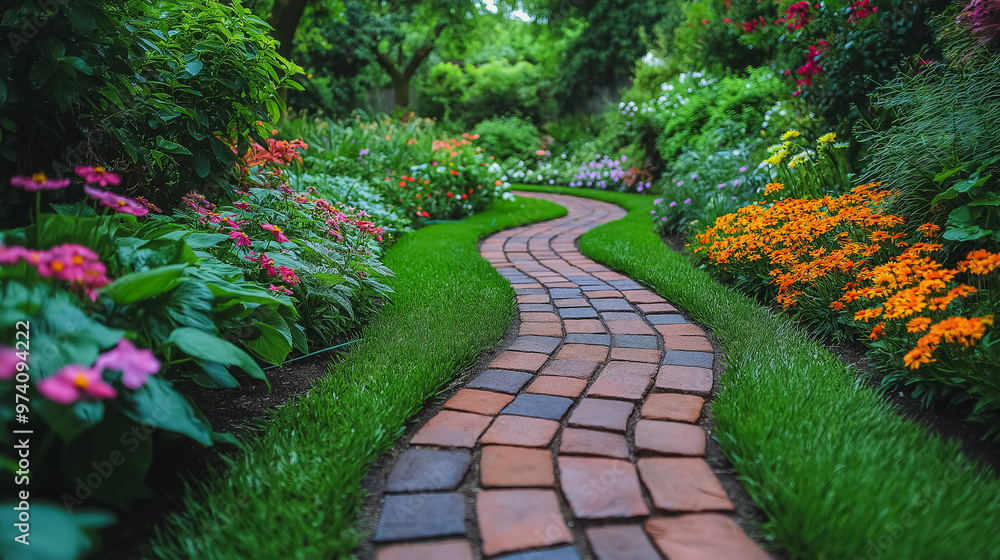 Obraz premium Winding brick garden path with colorful flowers and lush lawn