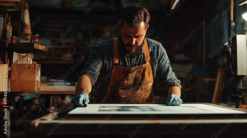 Male worker pressing ink on frame while using the printing machine in a workshop Male worker pressing ink on frame while using the printing machine in a workshop