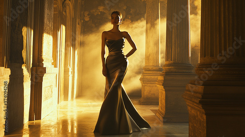 A model in an elegant off-the-shoulder evening gown, standing in a grand architectural setting, soft golden light emphasizing luxury and sophistication for 2025. photo