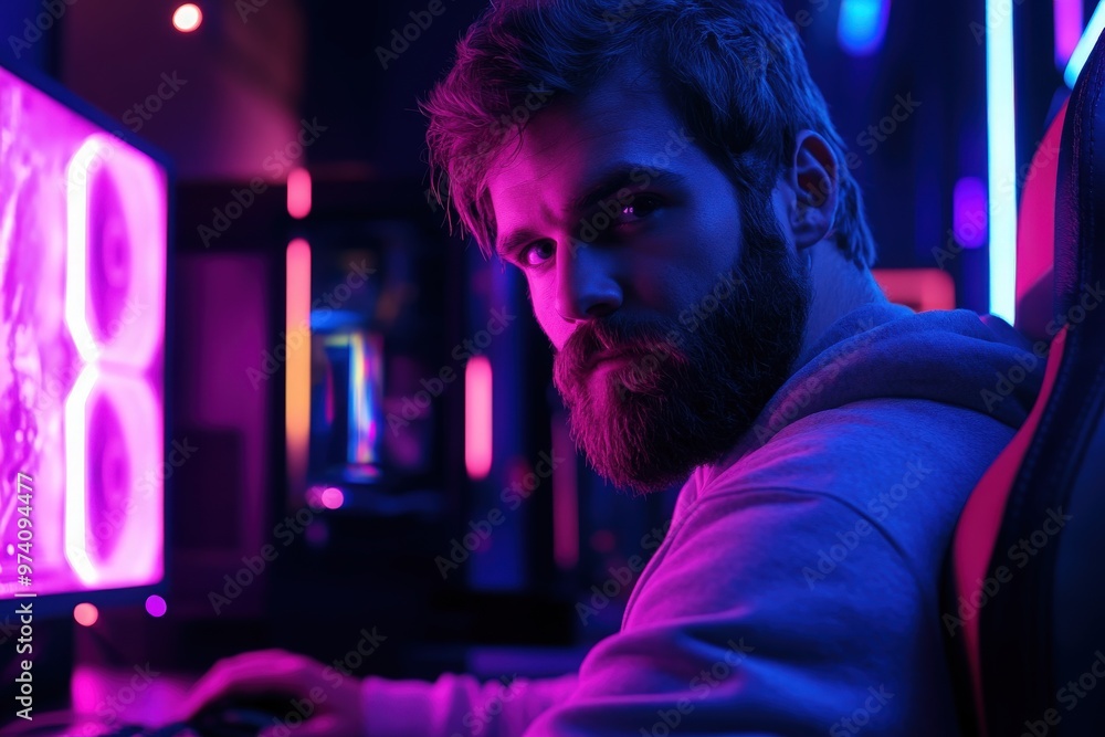 Portrait of a bearded man cybersport gamer sitting in front of a computer monitor in cyber club and playing a video game with his team. Esport streaming game online. Illuminated with neon lights Portrait of a bearded man cybersport gamer sitting in front of a computer monitor in cyber club and playing a video game with his team. Esport streaming game online. Illuminated with neon lights