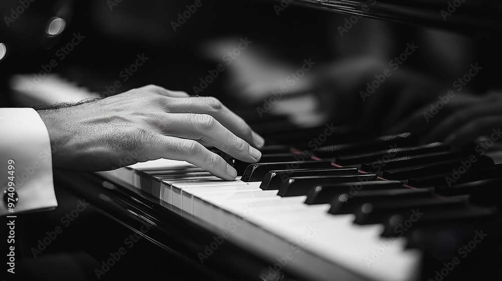 © CreativeIMGIdeas - A man is playing the piano with his left hand. Concept of elegance and sophistication, as the man is dressed in a suit and tie while playing the instrument © CreativeIMGIdeas - A man is playing the piano with his left hand. Concept of elegance and sophistication, as the man is dressed in a suit and tie while playing the instrument