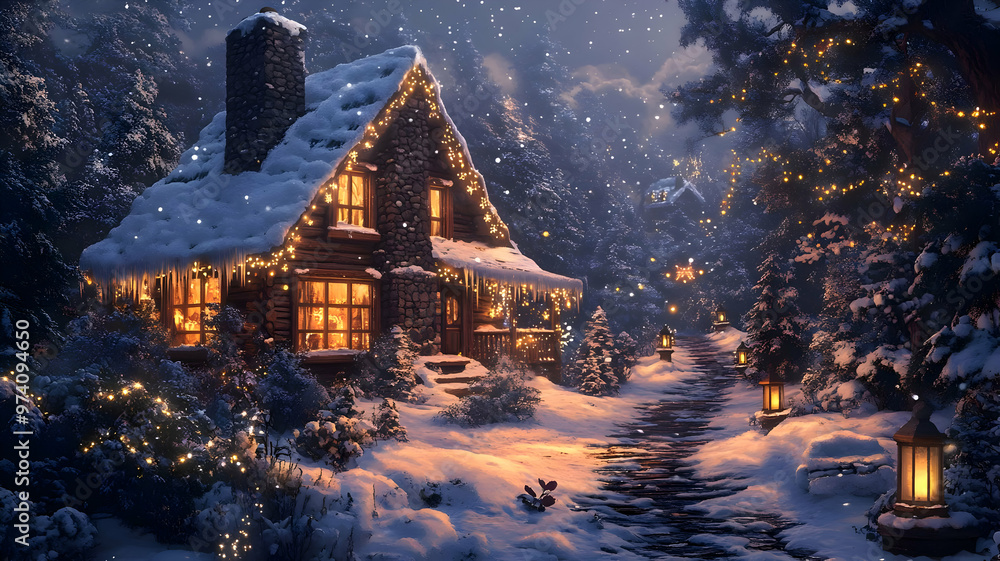 Christmas House in Woods in Frosty Winters Christmas House in Woods in Frosty Winters