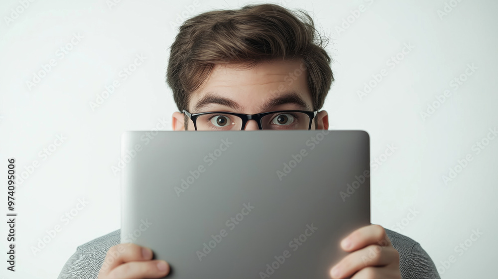 A focused male programmer holding a 3D laptop icon in metallic grey A focused male programmer holding a 3D laptop icon in metallic grey