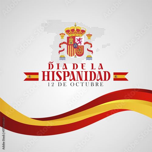 Dia de la Hispanidad 12 De Octubre 2024. Translation : Spain National Day 12 October 2024. Design with Elegant 3D Flag Illustration, National Emblem and Dotted Map. Vector Illustration