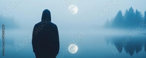 A mysterious hooded figure standing by a foggy lake, watching the full moon s reflection, hooded figure, foggy lake, full moon reflection photo