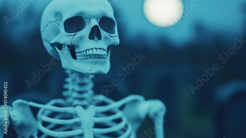 A skeleton standing guard in a graveyard lit up by the bright October full moon, skeleton, graveyard, full moon