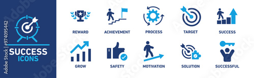 Success icon set. Includes icons for reward, achievement, process, target, success, grow, safety, motivation, solution, and successful.