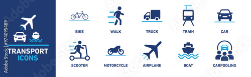 Transport icon set. Includes icons for bike, walk, truck, train, car, scooter, motorcycle, airplane, boat, and carpooling.