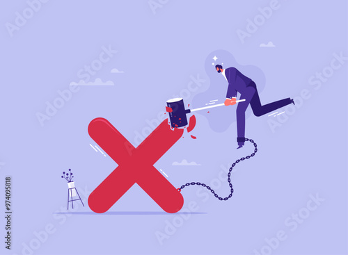 Stop obsessing over mistakes concept, beginner learning from mistake for career growth, overcoming obstacles and failures, businessman uses hammer and smash big cross sign
