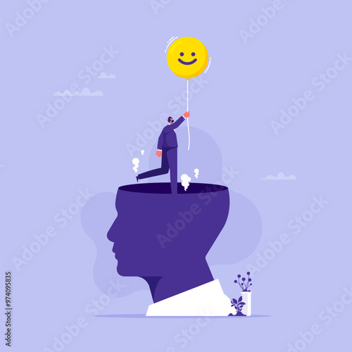 Stress management, relaxation to relieve anxiety or anger from your brain concept, changing mindset to be more positive, businessman flying out of stressed head by using smiley face balloon photo