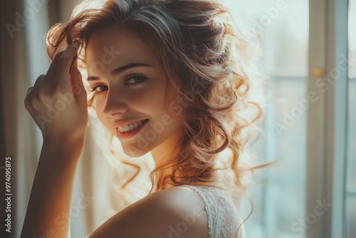 Pretty young bride preparing for wedding at home in the morning. Stylist making hairstyle and apply hairspray on curly hairjoyful