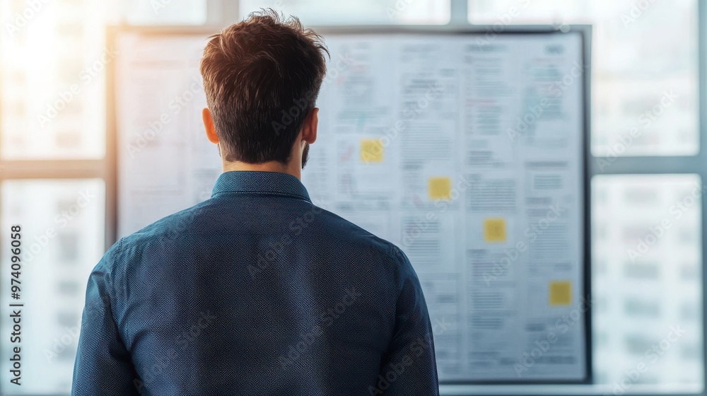 A businessman contemplating ideas while looking at a board of notes and charts in a modern office environment during the day. A businessman contemplating ideas while looking at a board of notes and charts in a modern office environment during the day.