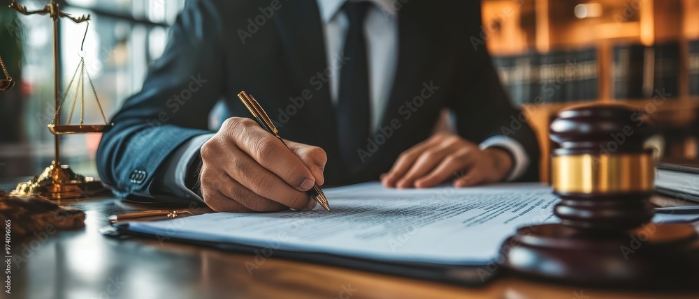 A lawyer signing legal documents with a gavel and scales of justice in the background, representing law and order. A lawyer signing legal documents with a gavel and scales of justice in the background, representing law and order.