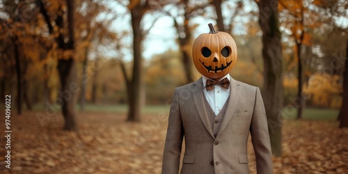 A Man in a Pumpkin Costume Stands in a Wooded Area During Autumn