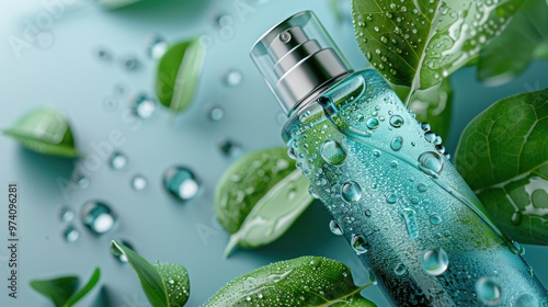 A close-up of a hydrating facial mist in a sleek glass bottle surrounded by dewy leaves and water droplets.