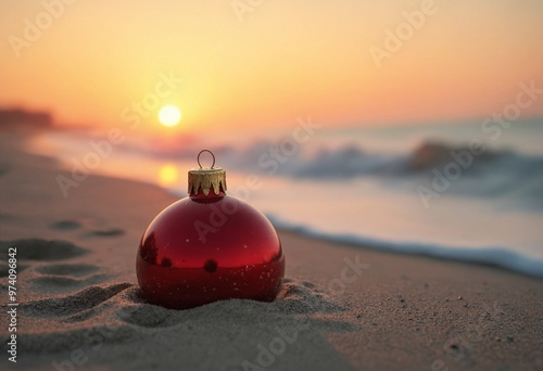 A red Christmas ornament resting on the sandy beach at sunset with gentle waves lapping in the background, copy space on a side photo