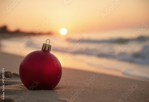 A red Christmas ornament resting on the sandy beach at sunset with gentle waves lapping in the background, copy space on a side photo