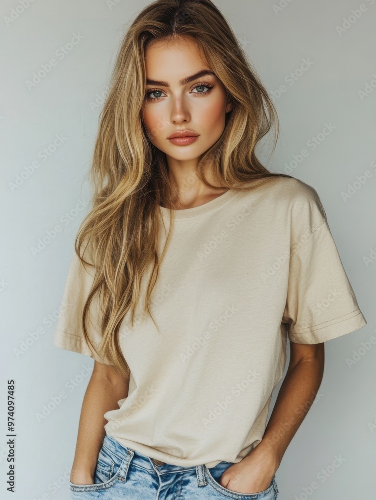 Woman wearing a blank cream color t-shirt with a mockup template for a graphic designer. Woman wearing a blank cream color t-shirt with a mockup template for a graphic designer.
