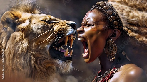 A roaring lion and a fierce woman with face paint and jewelry face each other, expressing raw strength and power. 