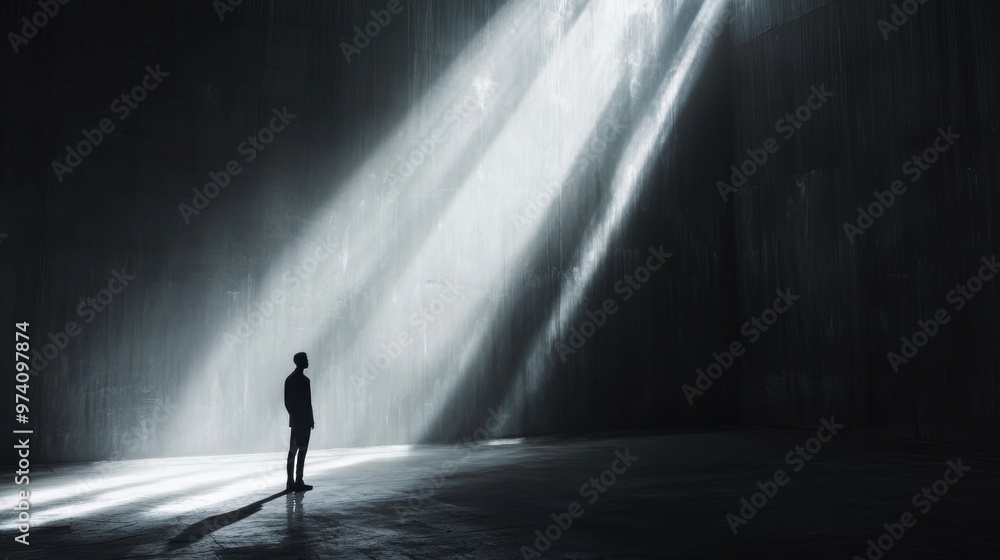 Mysterious silhouette of a lone man under a dramatic light beam with extended shadow Mysterious silhouette of a lone man under a dramatic light beam with extended shadow