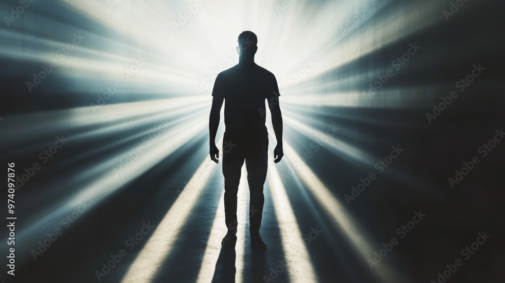 Fototapeta premium Dramatic silhouette of a man against intense light, creating elongated shadows and emotional impact