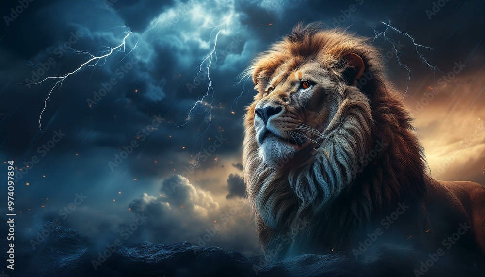 Majestic lion watches over a stormy landscape, embodying strength and elegance amidst dark clouds and flashes of lightning. Majestic lion watches over a stormy landscape, embodying strength and elegance amidst dark clouds and flashes of lightning.
